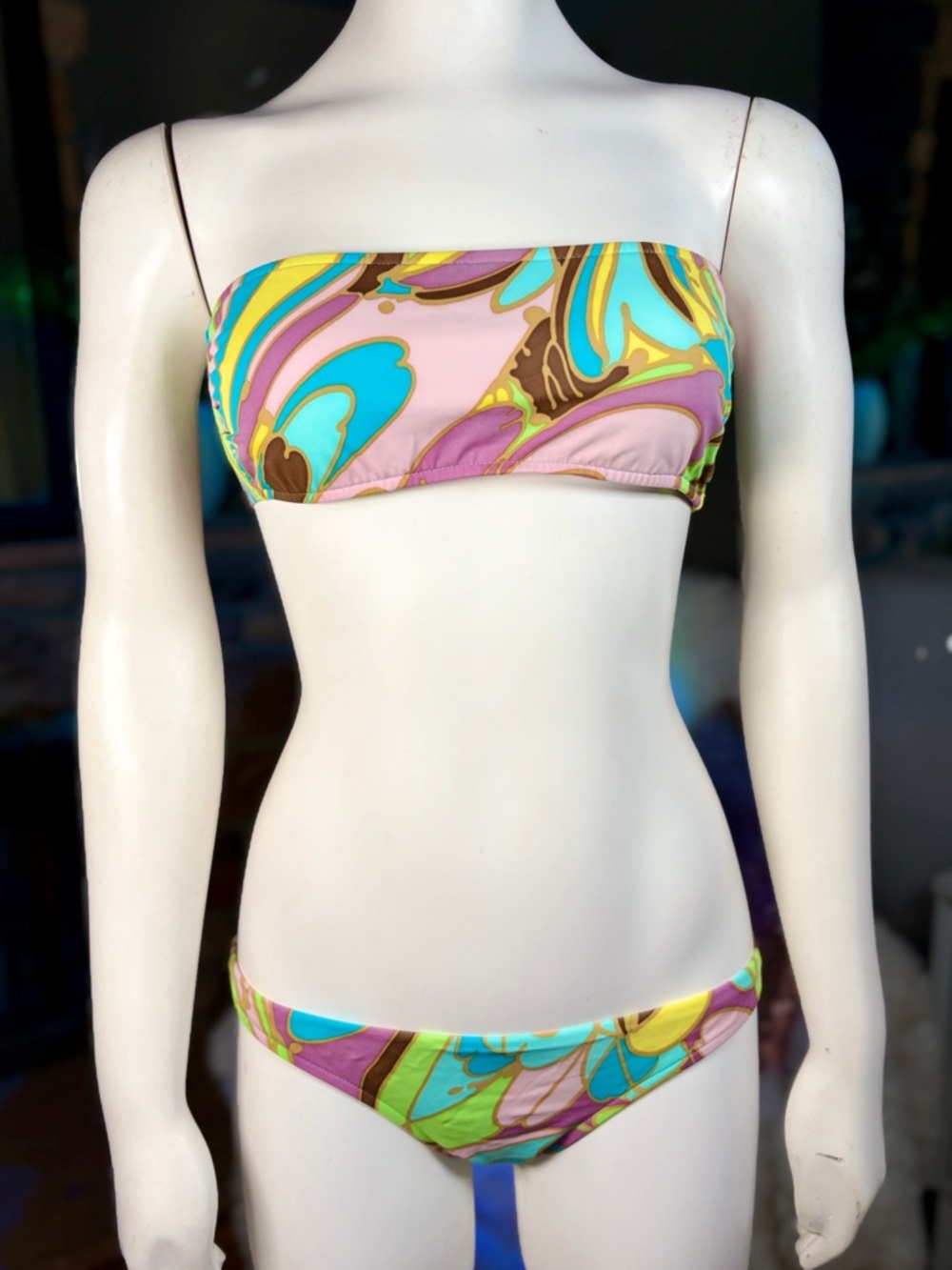 Milly Cabana 2-pc. Purple Multicolor Psychedelic Bandeau Bikini Swim Suit, Sz M
